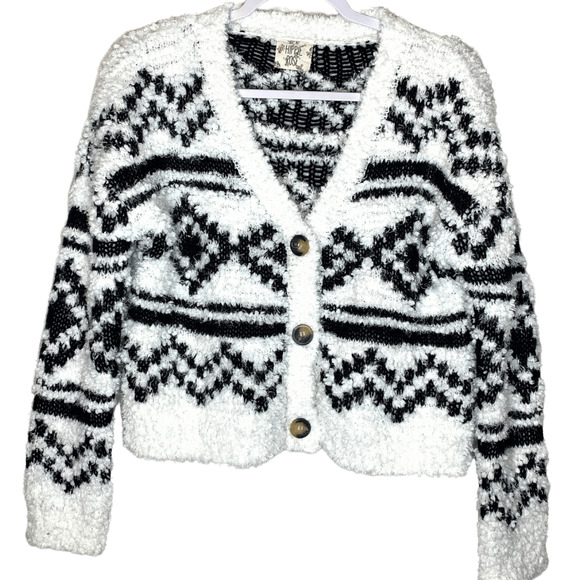 Hippie Rose Sweaters - Hippie Rose Black White Chunky Knit Box Cut Cardigan M